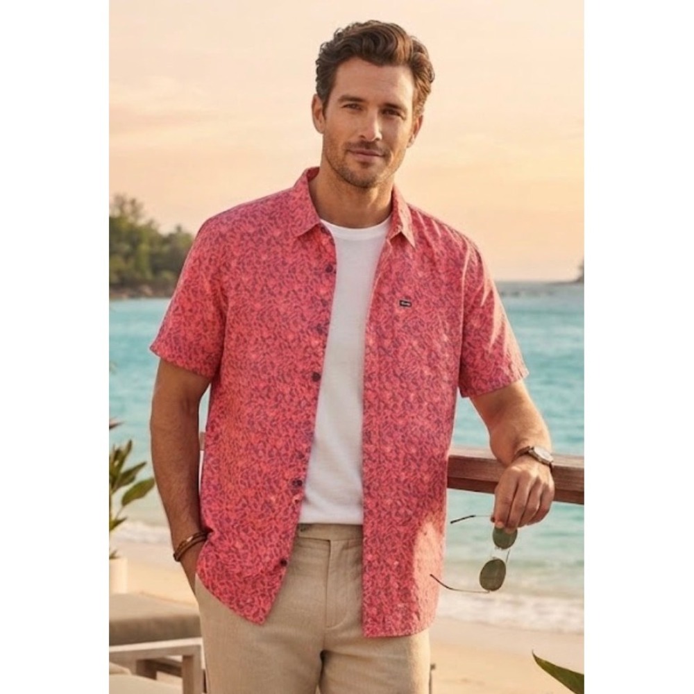 Rip Curl Mens Fun Times Short Sleeve Button Down Shirt Watermelon Pink XL NEW